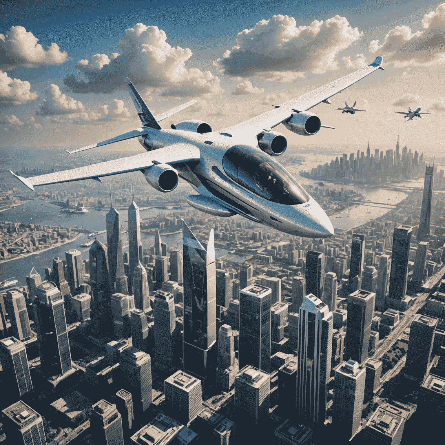 Futuristic aircraft flying over a cityscape, representing modern aviation trends and technological advancements in the industry