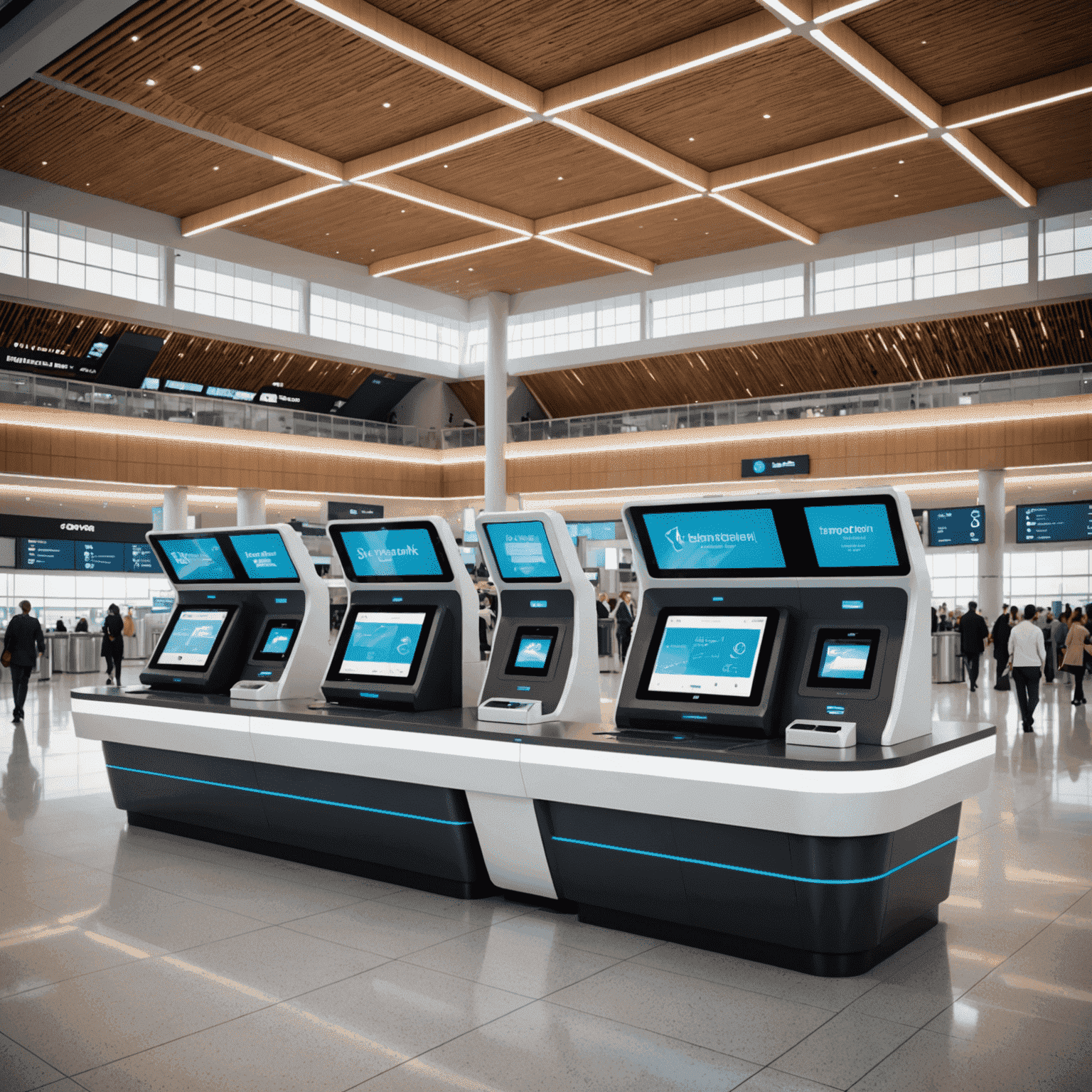 A modern airport terminal with sleek design, showcasing advanced technology integration and sustainable features. The image highlights futuristic check-in kiosks, biometric scanners, and energy-efficient lighting systems.