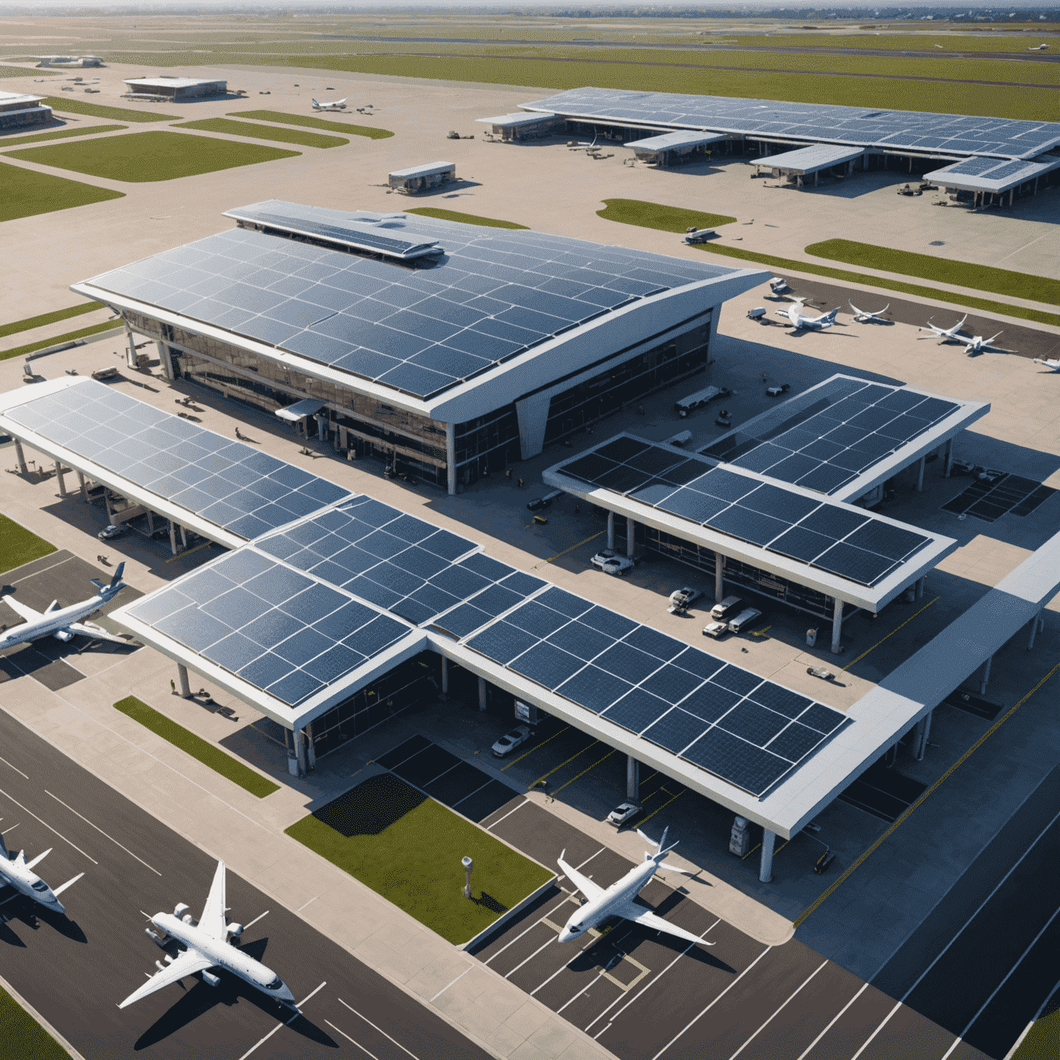 A modern airport terminal with solar panels on the roof and electric aircraft charging stations in the foreground, symbolizing sustainable aviation practices