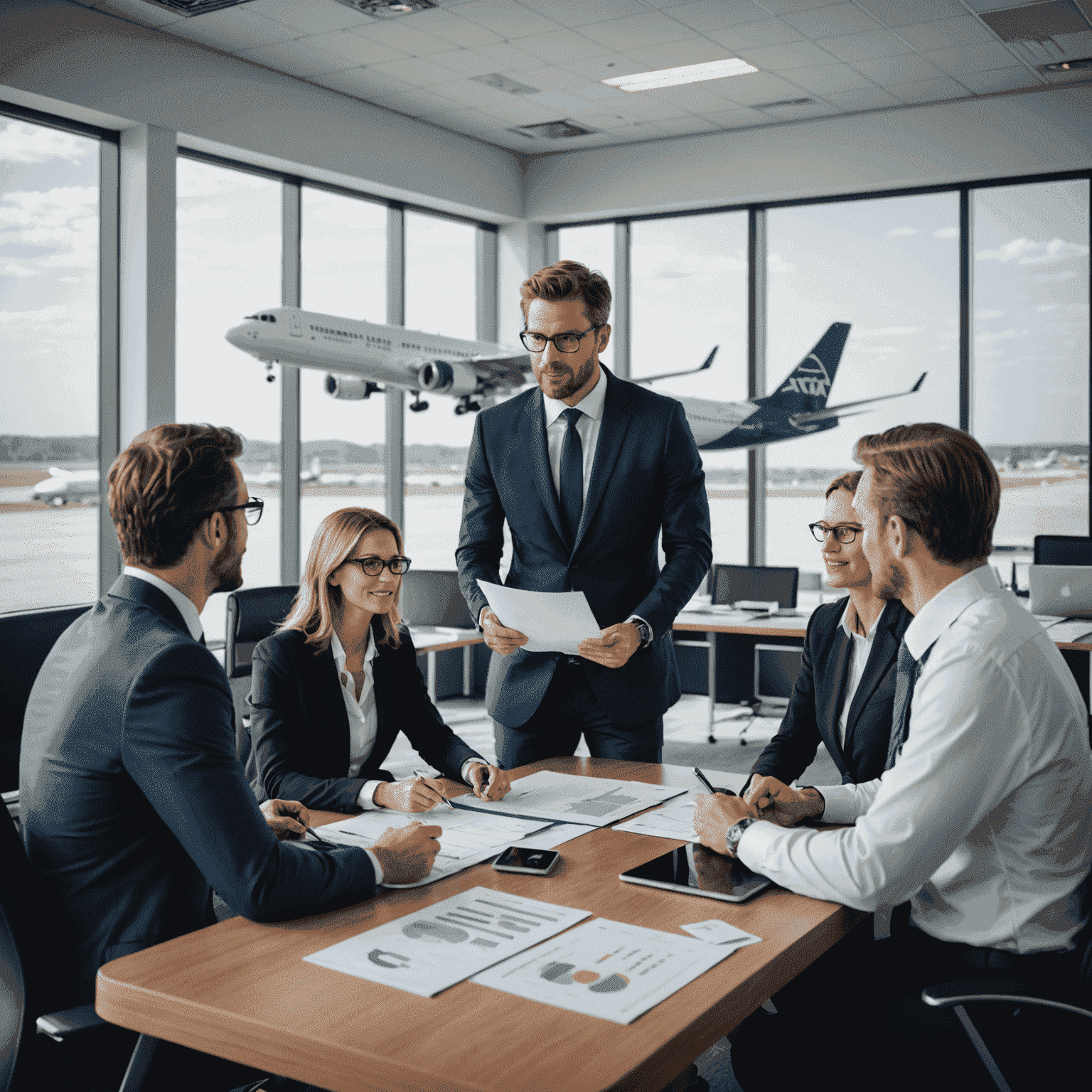 A professional financial planner discussing strategies with airport and airline executives in a modern office setting with aviation-themed decor