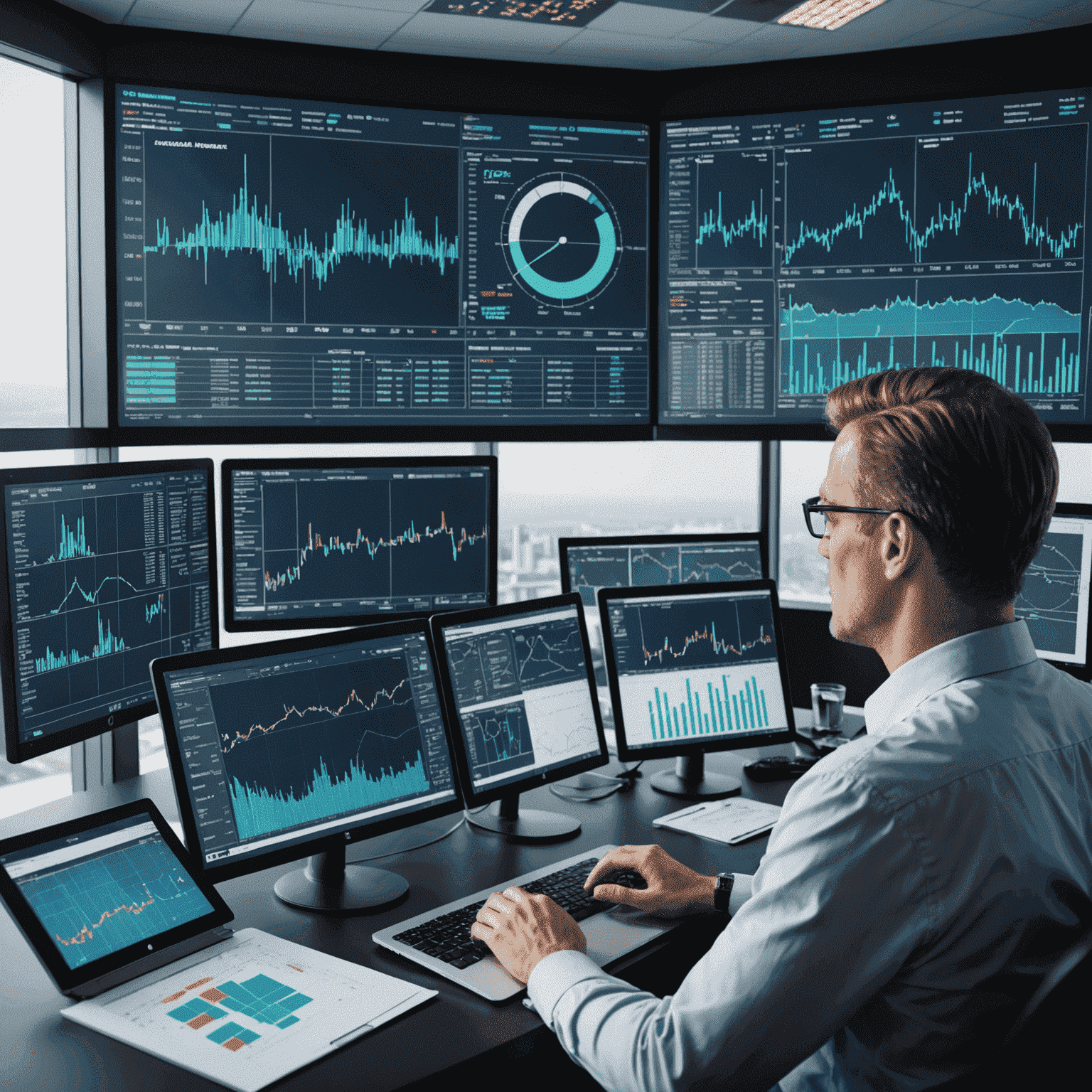 A professional investment manager analyzing aerodrome sector charts and graphs on multiple screens. The image showcases modern technology and financial data visualization tools specific to aerodrome infrastructure and technology investments.