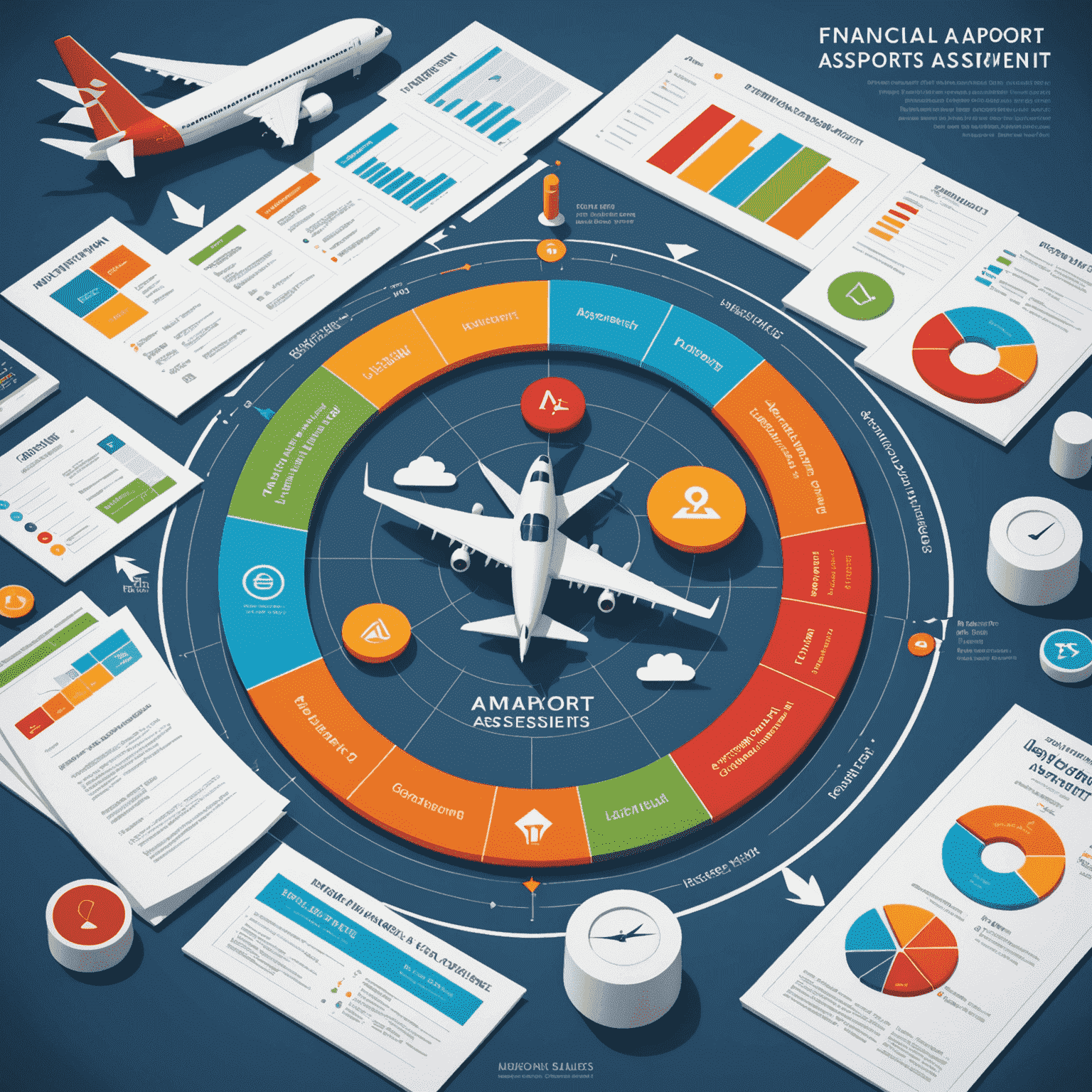 Illustration showing financial risk assessment process for airports and airlines, including charts, graphs, and airport symbols