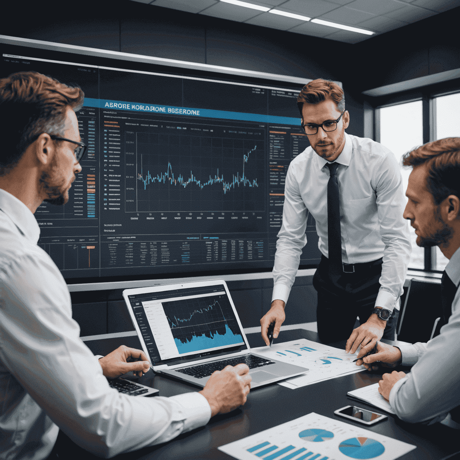 A professional aerodrome finance team analyzing charts and graphs on a large screen, showcasing budgeting and forecasting processes for aerodrome businesses