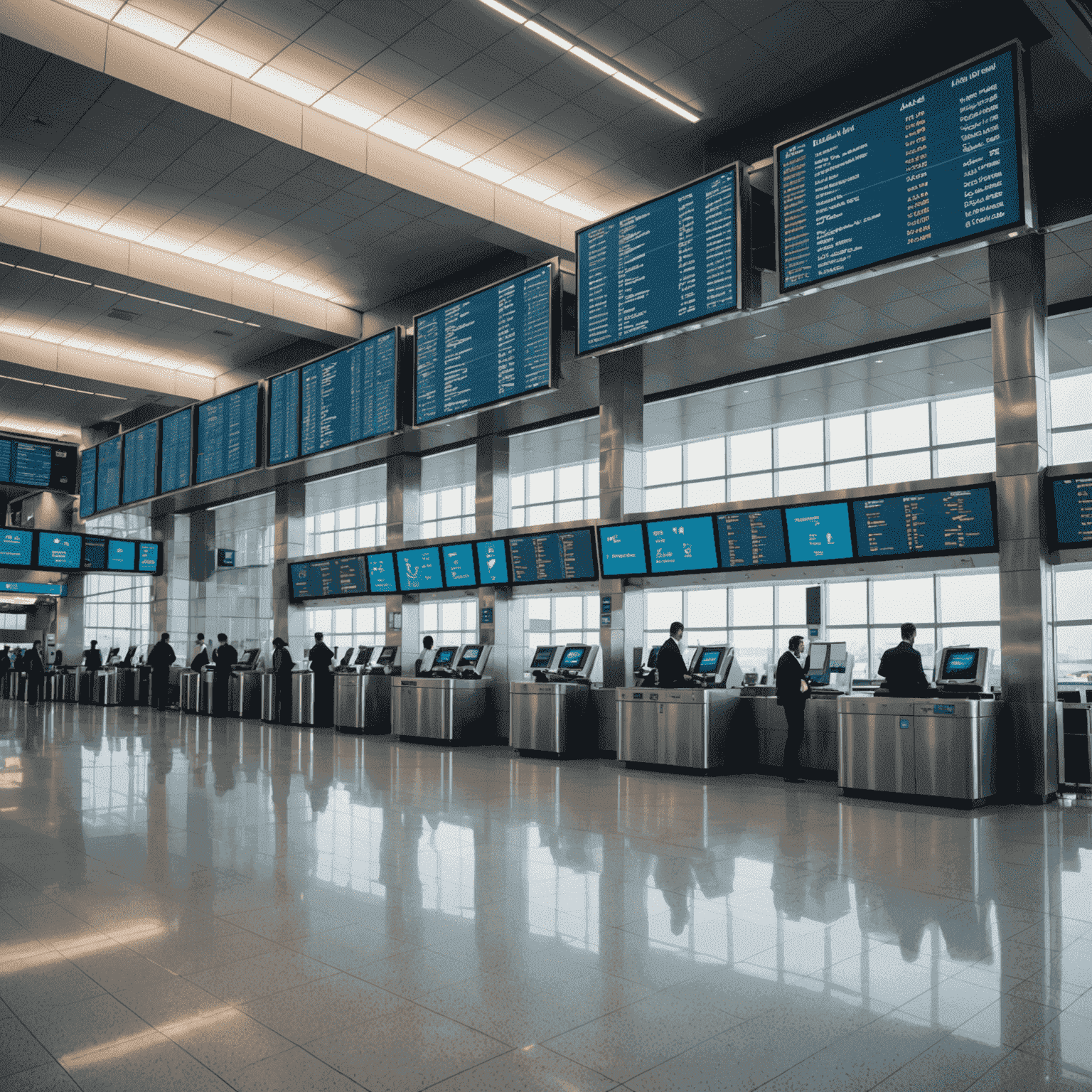 Modern airport terminal with digital displays showing financial data and revenue streams