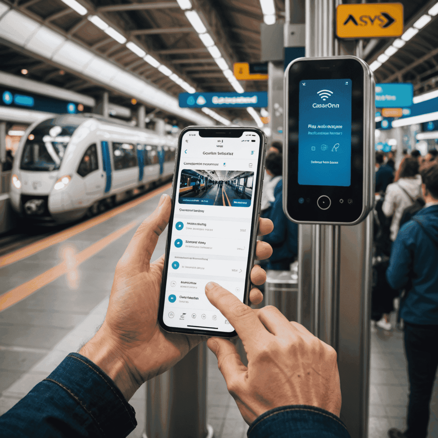 A split-screen image showing a passenger using a smartphone app for contactless check-in on one side, and an AI-powered predictive maintenance system analyzing aircraft data on the other side.