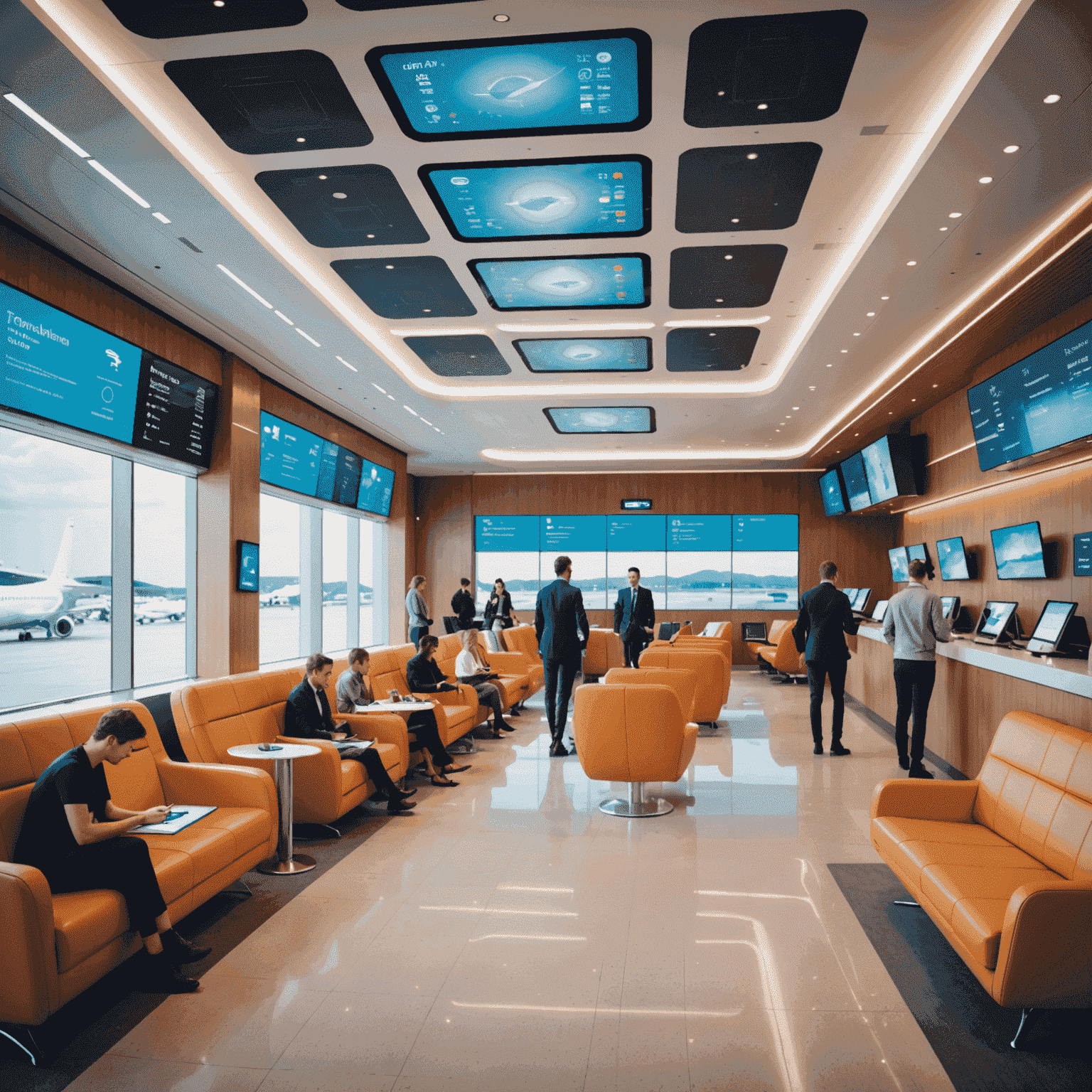 A futuristic airport lounge with digital screens, self-service kiosks, and passengers using mobile apps for various services