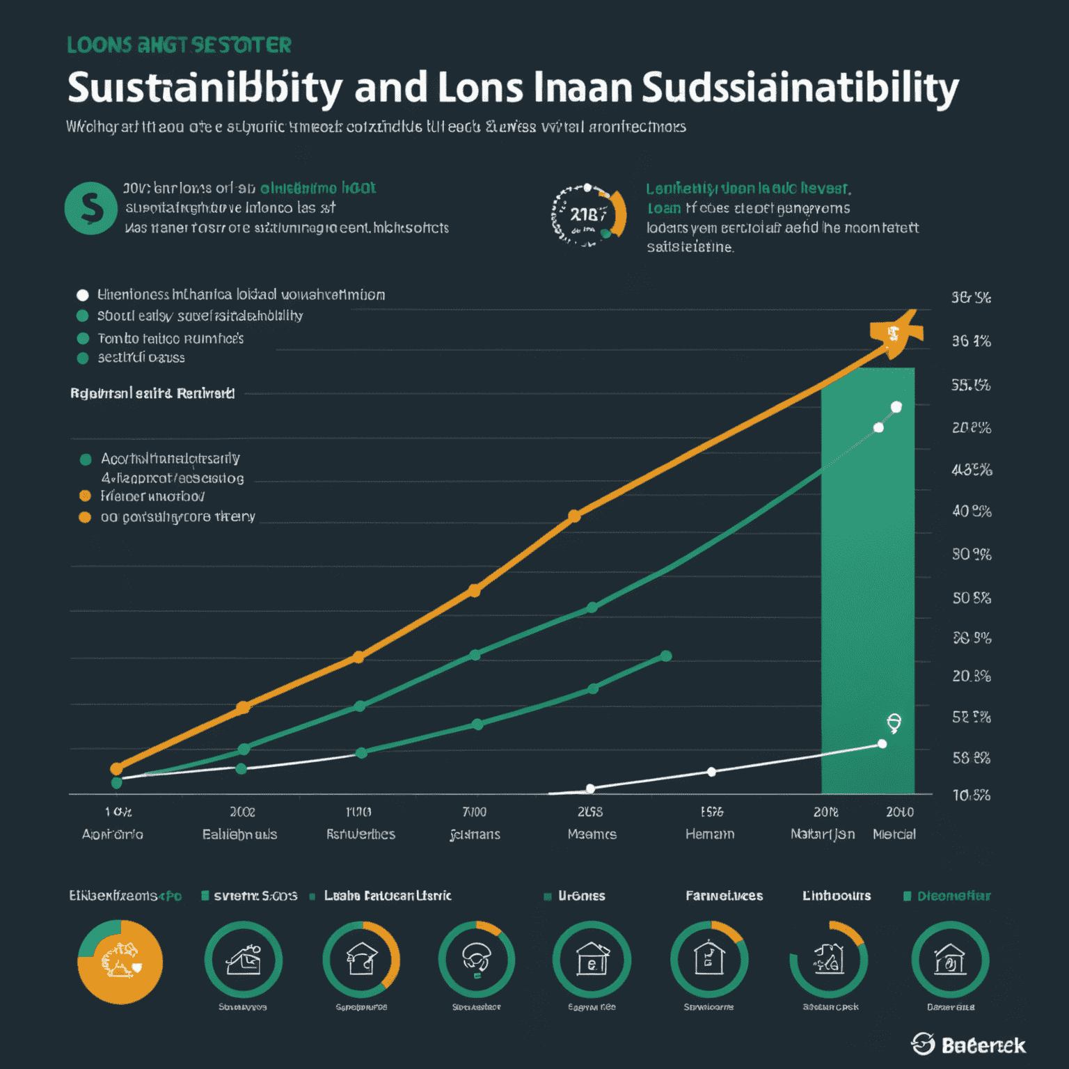 A graph showing the growth of sustainability-linked loans in the aviation sector over the past five years, with icons representing different sustainability metrics