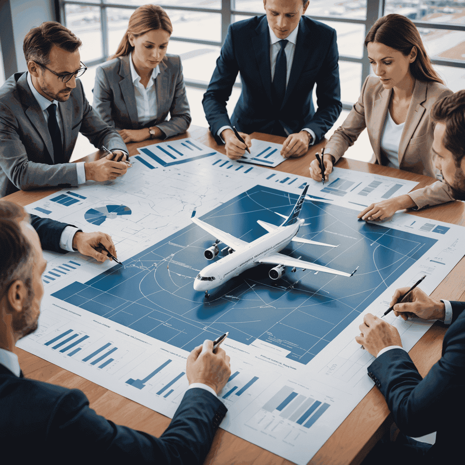 A group of investors analyzing aerodrome sector charts and graphs, with miniature airport models on the table, representing investment opportunities in airport infrastructure