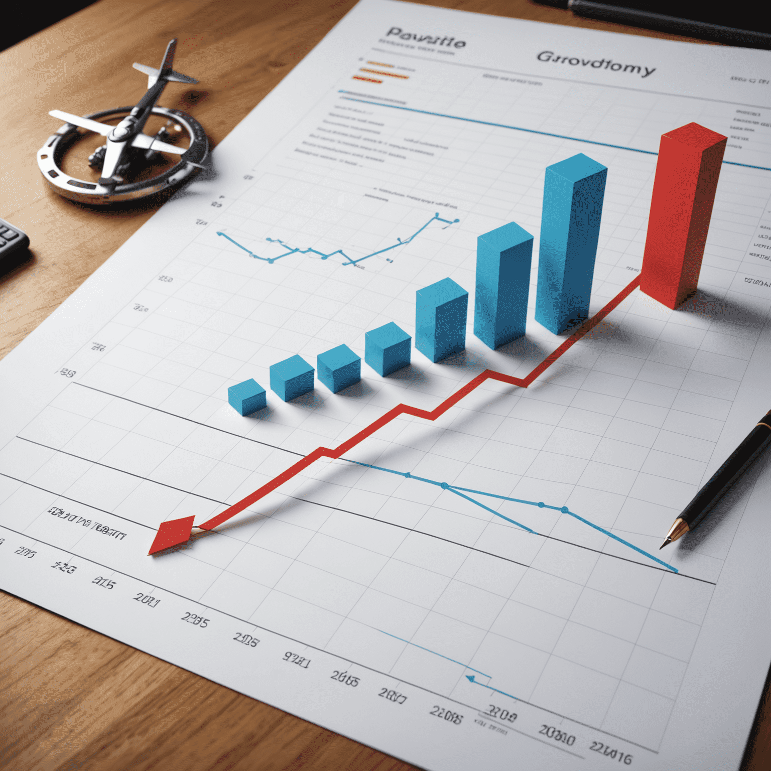 A graph showing financial growth trajectory for an aerodrome, with upward trending lines and positive financial indicators