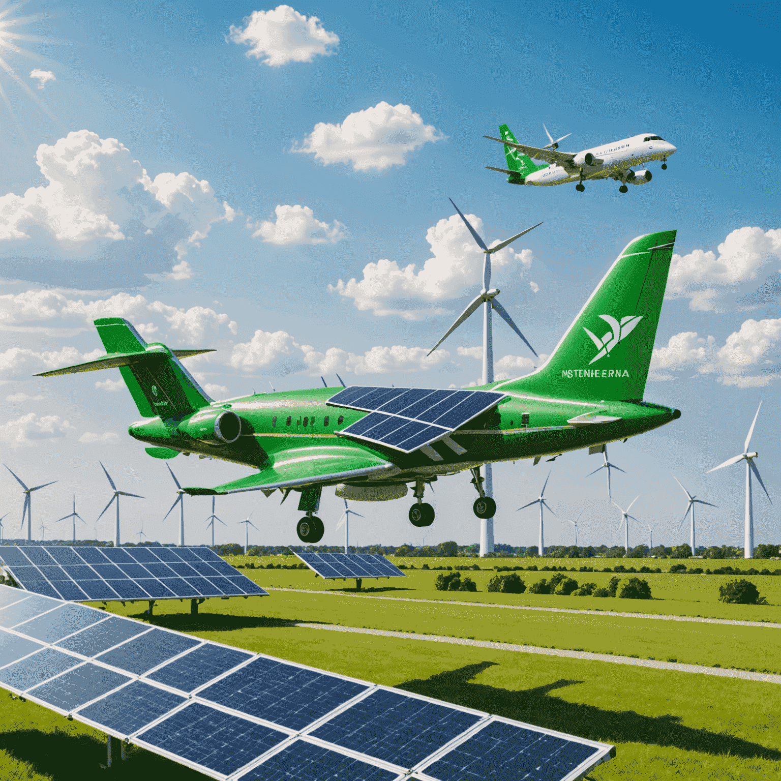 Green aircraft with solar panels and wind turbines in the background, symbolizing sustainable aviation finance