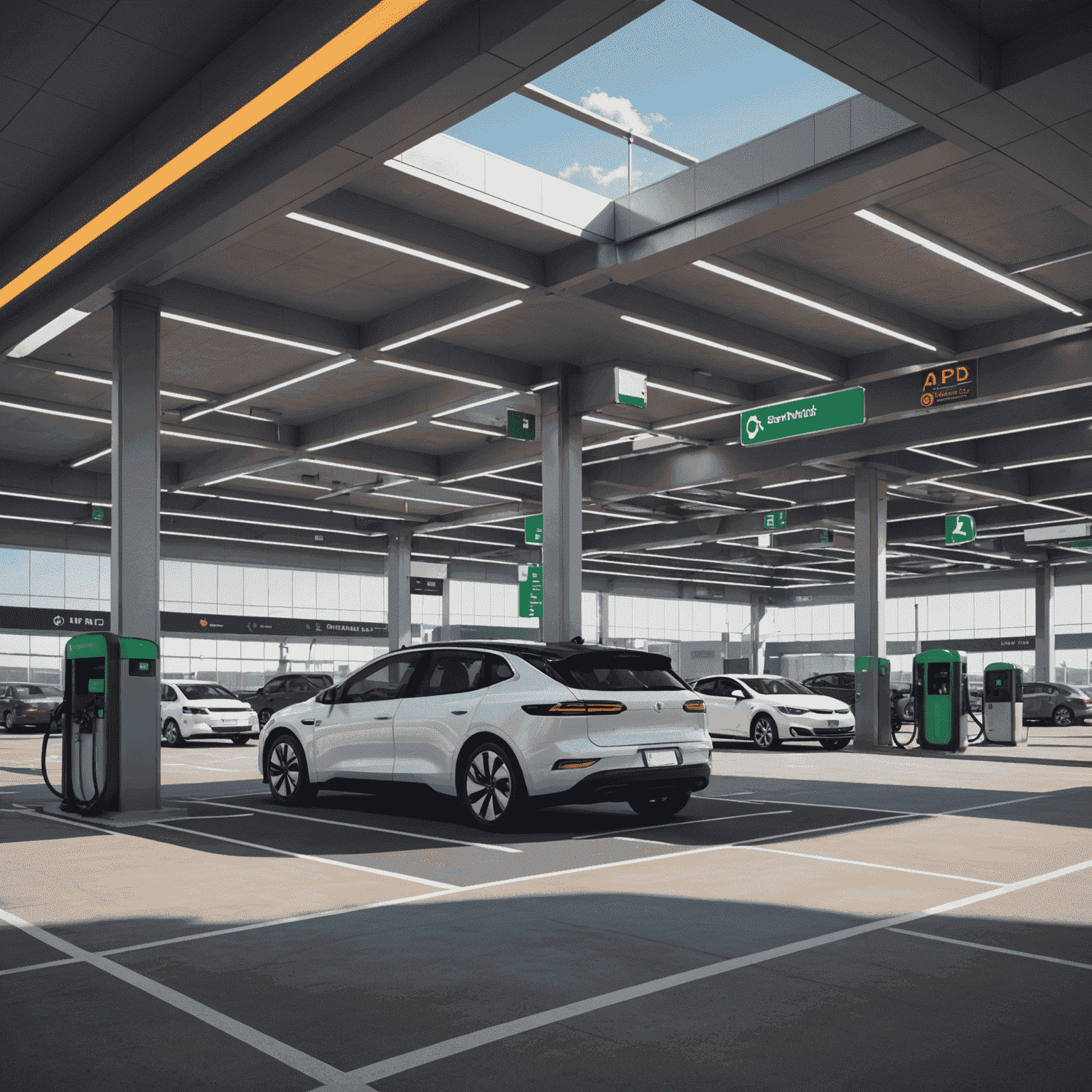 A modern airport parking facility with electric vehicle charging stations and a digital guidance system