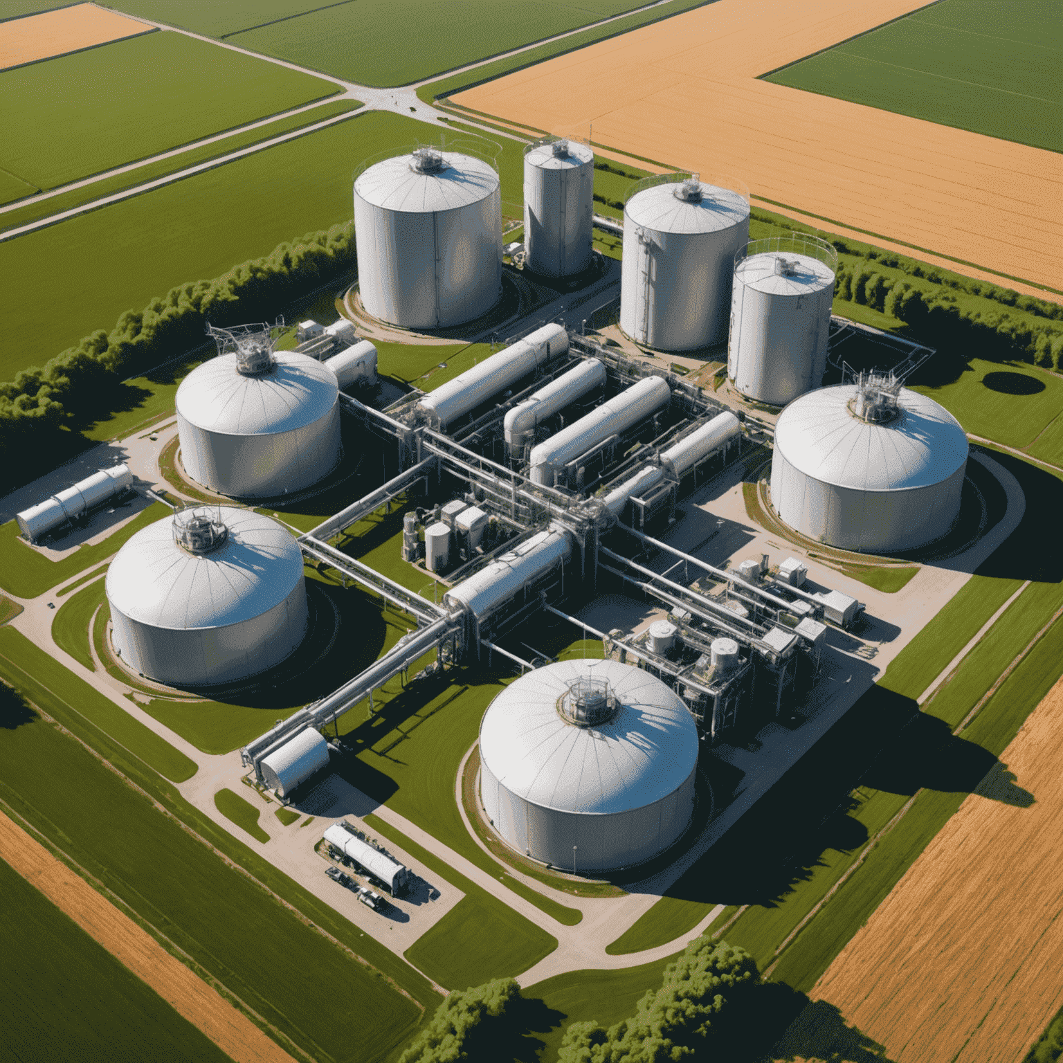 A sustainable aviation fuel production facility with modern bioreactors and storage tanks, surrounded by fields of energy crops