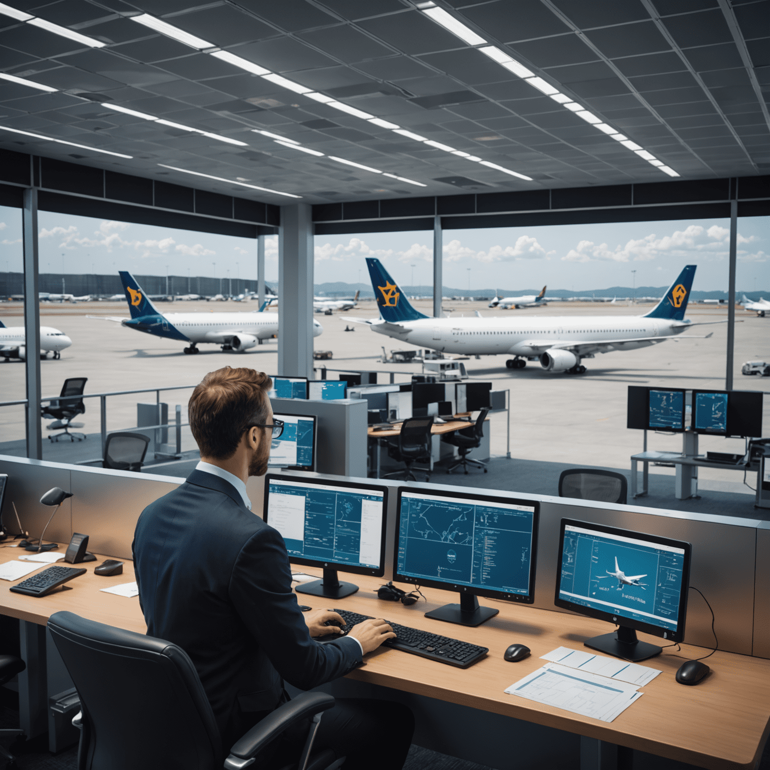 A risk assessment specialist using advanced software to analyze potential financial risks in airport operations, with 3D models of airports and airplanes visible