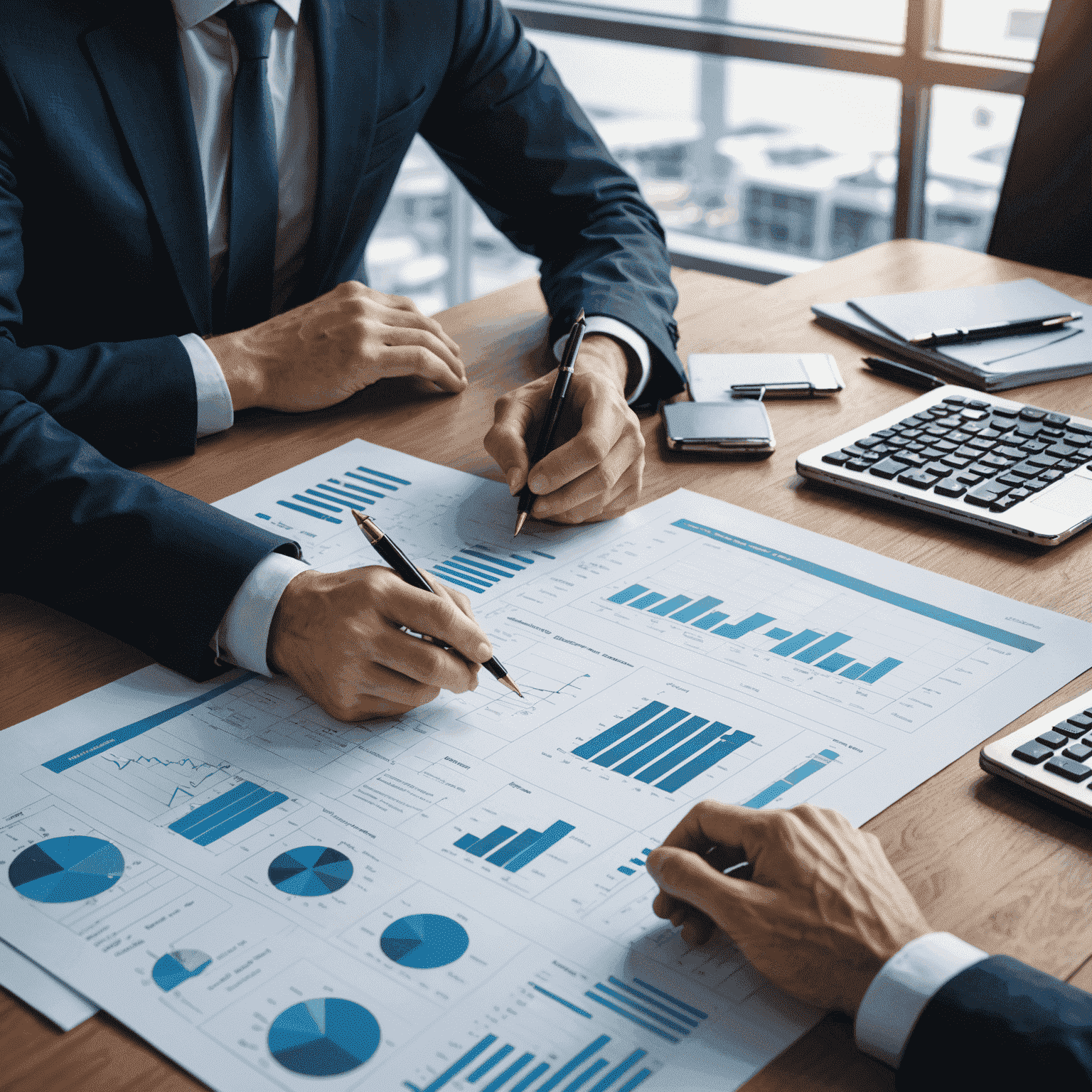 A team of financial experts working on complex budgeting spreadsheets and forecasting models, with airport terminal blueprints and growth charts visible