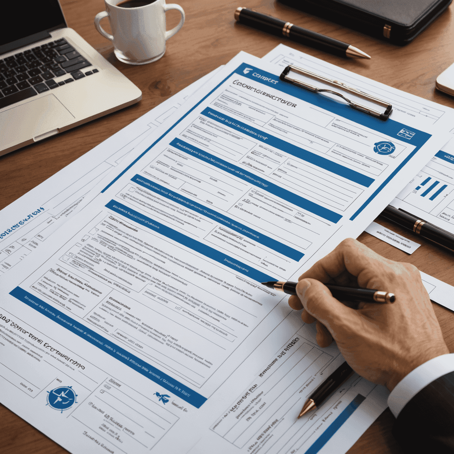 A compliance officer reviewing aviation industry regulations and financial documents, with a digital overlay of compliance checkmarks and airport security symbols